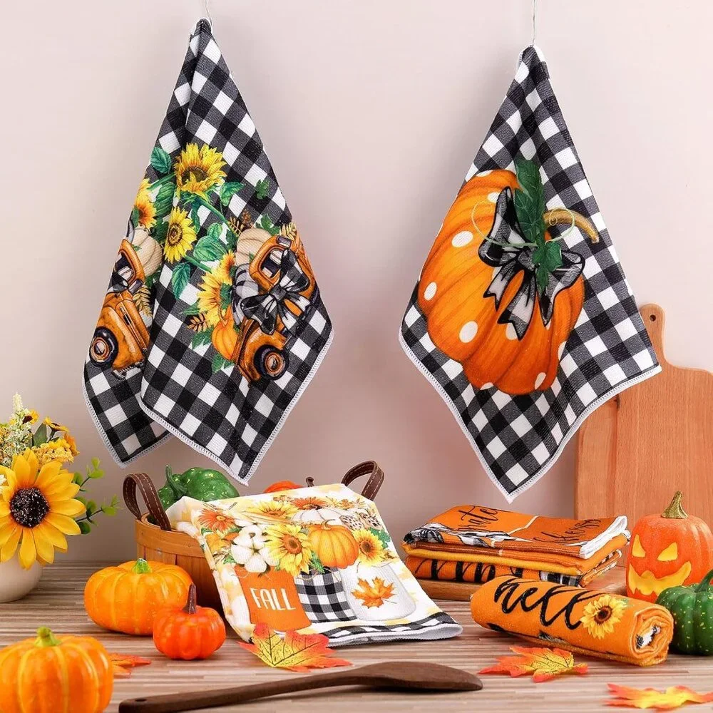 6-Pack Stylish Pumpkin Towels - Generous Size Autumn Kitchen & Bath Essentials